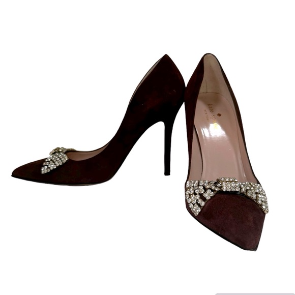 Kate Spade Lissie Hangisi Bow Burgundy Suede  Leather Point Toe Heels Rhinestone - Picture 2 of 16